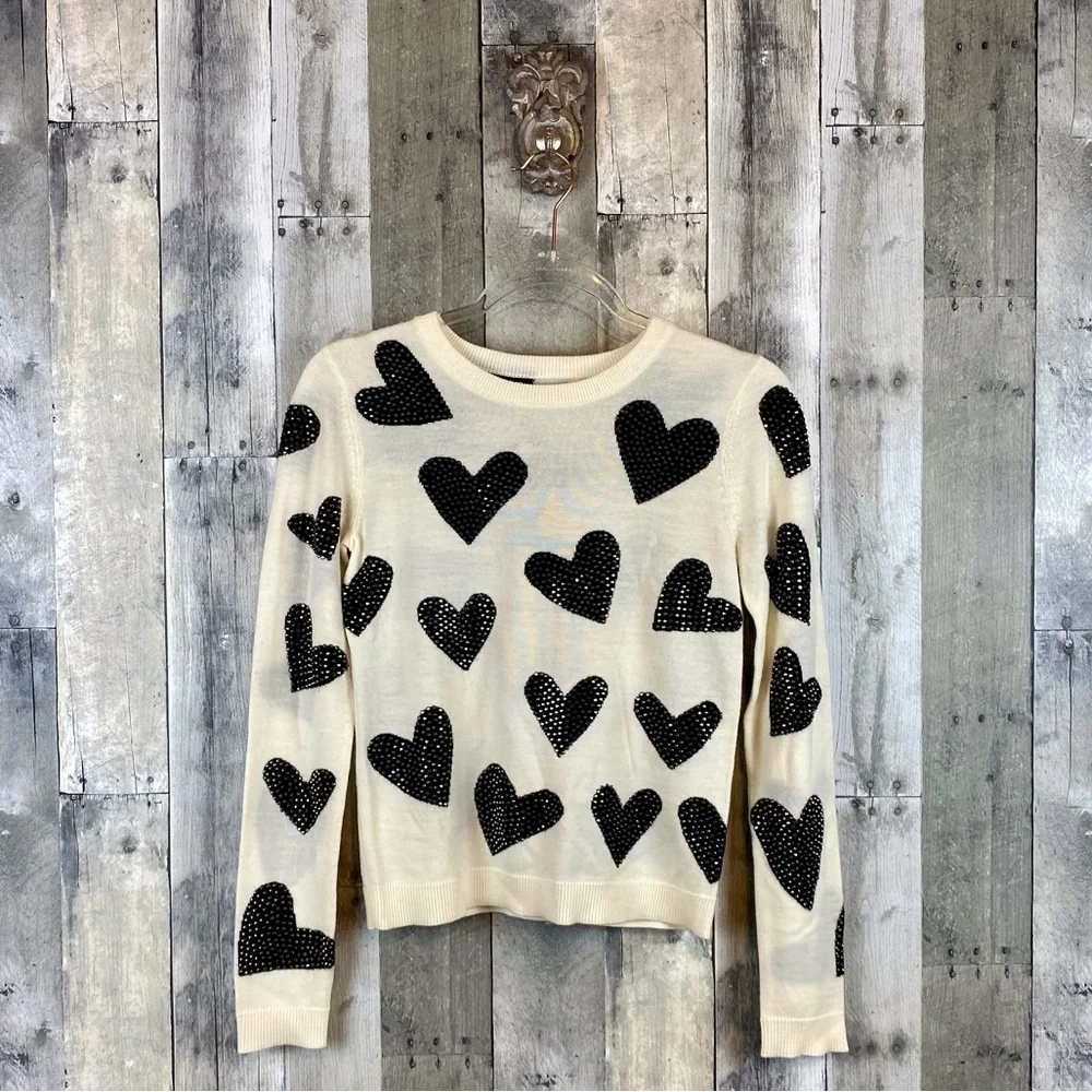 NWT Alice + Olivia Reinstone Hearts Wool Crewneck Sweater in Cream Black Size XS
